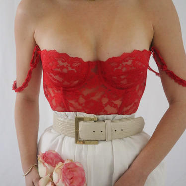 Vintage Red Lace Bustier - Sheer Lace Corset With Garters - 36B/34C 