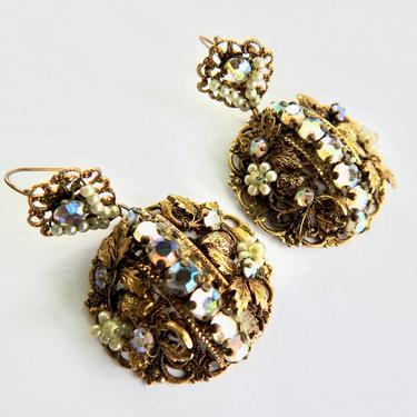 Miriam Haskell Style Brass Faux Pearl Rhinestone Pierced Earrings 