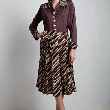 40s style vintage 70s pleated skirt top 2-piece matching set long sleeves midi brown striped slinky MEDIUM LARGE M L 
