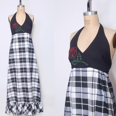 Vintage 70s plaid maxi dress /  rose print halter dress /  black and white dress / hippie dress / 1970s halter dress 