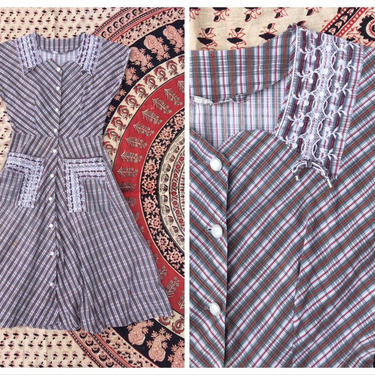 vintage 50s day dress - 50s plaid cotton dress / embroidered 50s dress, 1950s cotton dress / summer dress, red &amp; gray plaid dress 