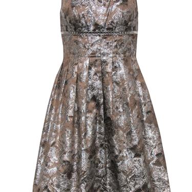 Carmen Marc Valvo - Taupe & Silver Pleated A-Line Dress w/ Rhinestones Sz 4