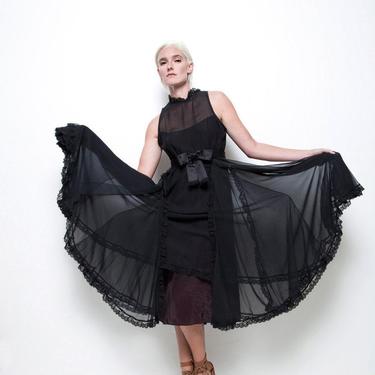 black sleeveless party dress lace trims full skirt sheer chiffon keyhole back vintage 80s M MEDIUM 