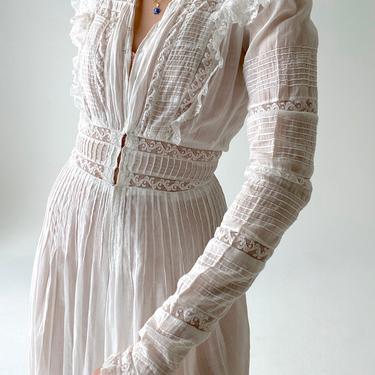 White Victorian Cotton Long Sleeve Dress with Intricate Lace
