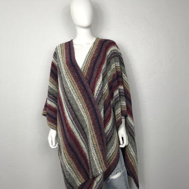 Vtg 70s muted striped poncho cape shawl wearable art OSFA 