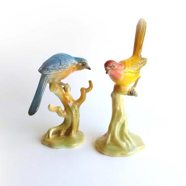 Vintage porcelain BIRD set Love birds Bird figurines Signed Brad Keeler California pottery Collectible Housewarming gift Woodland decor 