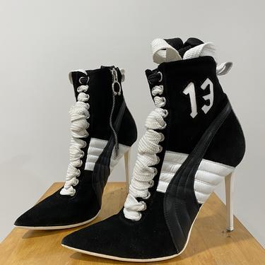 RIHANNA FENTY X Puma 13 Black Suede White Bootie Heels Size US 8 Made in Italy