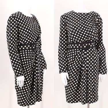 80s SCAASI polka dot cocktail dress 12 / 1980s vintage silk ruched belted day dress large 