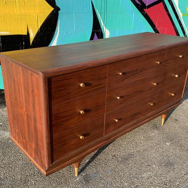Mid Century Walnut &amp; Brass 9 Drawer Dresser