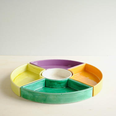 Vintage Mid Century Colorful Ceramic Snack Dishes, Relish Dishes, Snack Trays 
