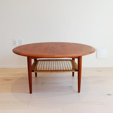 Danish Modern Johannes Andersen Teak Round Coffee Table with Rattan Shelf by CFC Silkeborg 