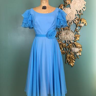 1970s party dress, sheer chiffon dress, vintage 70s dress, full skirt, turquoise dress, ruffled sleeves, tie back, prom dress, 27 waist 