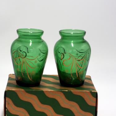 vintage green glass vases with ornate gold trim in original box 