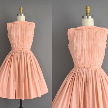 vintage 1950s dress | Peach Pink Cotton Sweeping Full Skirt Summer Dress | XS | 50s vintage dress 