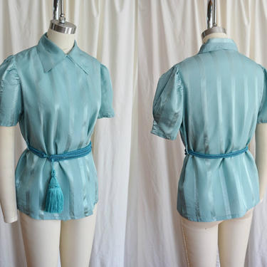 1940s Striped Teal Wrap Top / Loungewear Blouse with Belt | 1940s Pajamas | Blouse 