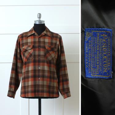mens vintage 1970s Pendleton board shirt • orange & brown shadow plaid loop collar wool shirt 