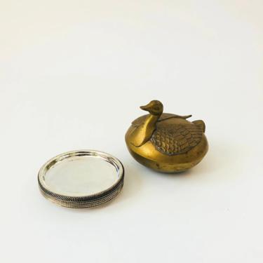 Vintage Brass Duck Coaster Set / Set of 6 in Holder 