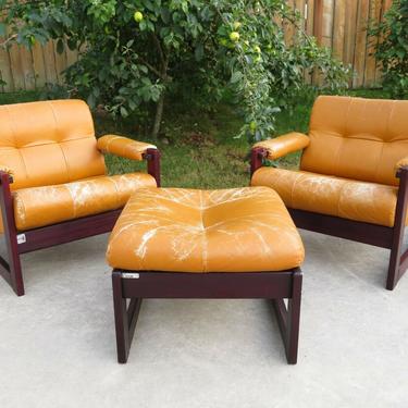 Vtg PERCIVAL LAFER ROSEWOOD &amp; LEATHER LOUNGE CHAIR PAIR W/ OTTOMAN Mid Century