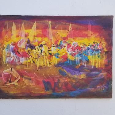 80's Vintage  Abstract  Fishermans  Painting Signed Vicente Donoso . 
