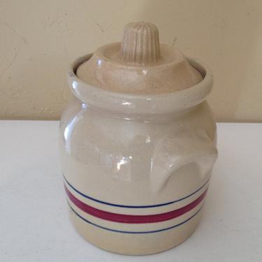 VintageYellow Ware Striped  Canister Jar, Roseville Pottery RRP USA Dark Red and Blue Stripe 