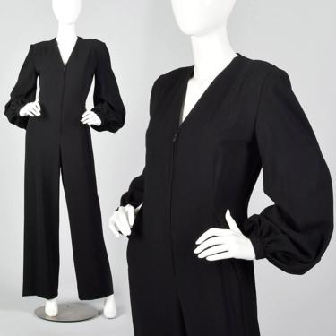 Small Pauline Trigere 1970s Wool Crepe Jumpsuit Bishop Sleeve Jumpsuit Zip Front Jumpsuit Vintage 70s Jumpsuit 