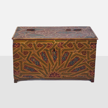 antique moroccan hand painted trunk, moroccan trunk, hand painted trunk, antique trunk, moroccan art, folk art trunk, folk art 