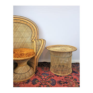 Vintage Wicker Drum Table Striped Black Accents | MCM Boho Rattan Barrel Style Side/End Table | Bohemian Home Décor 