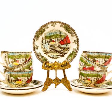VINTAGE: England - Johnson Brothers The Friendly Village Cup and Saucer Set for 6 - White Christmas - Holidays - SKU 24 25-E-00016786 