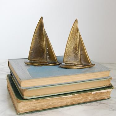 Brass Sailboat Figurines - Pair Brass Boat Statues - Vintage Brass Sailboat Figurines Nautical Decor by PursuingVintage1