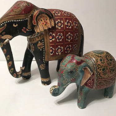 Wonderful pair of vintage wooden elephants 