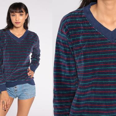 Blue Velour Sweatshirt V Neck Sweatshirt 80s Dark Blue Striped Sweatshirt Long Sleeve Shirt Retro Top 1980s Pullover Slouchy Extra Small xs 