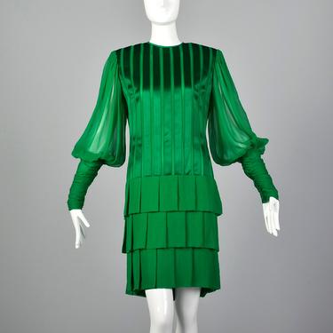 Small Galanos 1980s Emerald Green Silk Dress Vintage Designer Dress Kelly Green Dress Silk Dress Drop Waist 