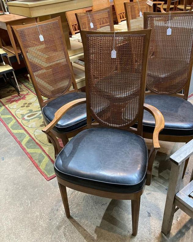 Drexel mid century cane back dining chairs. one with arms;4 without arms! 18” x 19.5” x 4.5” seat height 18”