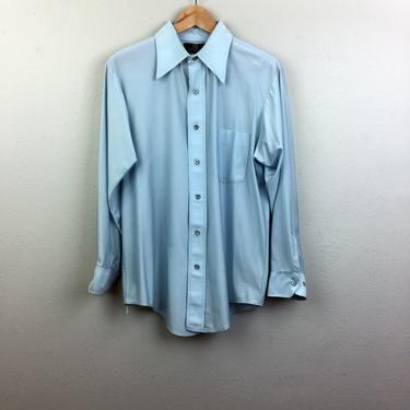 Vintage 70s Mens Light Blue Nylon Button Down Shirt Van Heusen 1970s L 