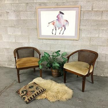 LOCAL PICKUP ONLY Vintage Barrel Chairs Retro 1970's Wood and Cane Frames with Tan Velvet Seating Set of 2 Lounge Chairs for Living Room 