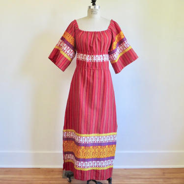 Guatemalan Red Stripe Woven Long Maxi Dress Embroidered Traditional Folk Mayan Festival Hippie Boho Small 