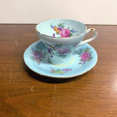 Vintage Aynsley China Light Blue Floral Tea Cup and Saucer D5138 