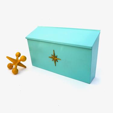 Mid-Century Modern Turquoise Steel Metal Mailbox || Atomic Starburst Emblem || Large Scale Retro Mountable Space Age Postal Box 