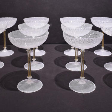 Venini Rare Set Of 12 Hand-Blown Champagne Coupe Glasses 1960s