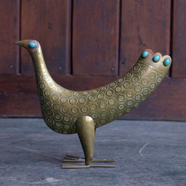 Tinta Brass Turquoise Bird Sculpture Vintage Mid-Century South American Jewlery Art 