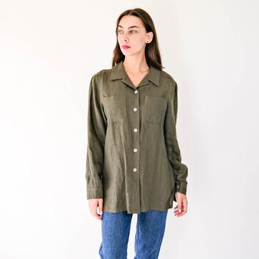 Vintage Burton of London Olive Green Linen Chore Style Blouse | Made In France | 100% Linen | Designer French Bohemian Linen Long Sleeve Top 