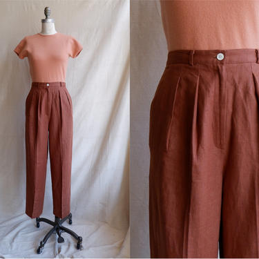 Vintage 80s Chestnut Linen Trousers/ 1980s High Waisted Straight Leg Brown Pants/ Anne Klein II/ size 27 