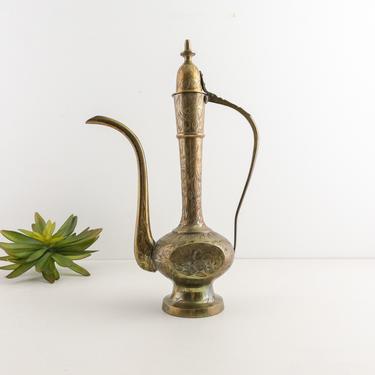 Indian Etched Brass Ewer, Engraved Brass Pitcher with Spout and Handle, Made in India 