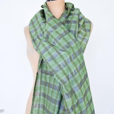 1980s  Green Plaid Silk Scarf | 80s Green Cotton Silk Wrap 
