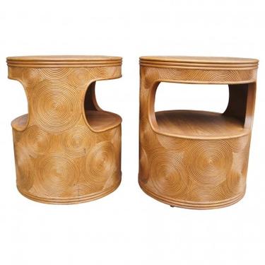 Pair of Carved Round End Tables in the Aesthetic of Gabriella Crespi