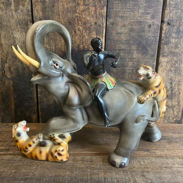 Black americana Chalkware sculpture, tribal figurine with tigers and elephant, tribal decor, safari figures 