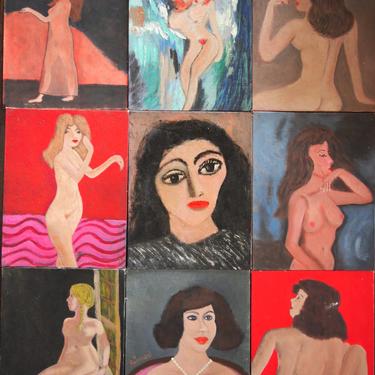Lot Collection of 9 KINNER FOLK ART Painting 11x14&amp;quot; Vintage Female Woman Nude Portrait Outsider brut abstract Mid-Century Modern eames era 