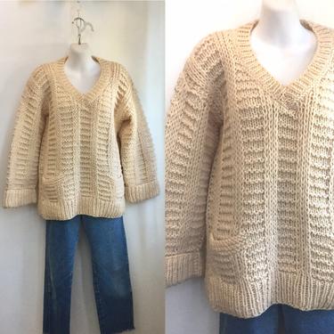 Vintage 1960's Cozy Cream ITALIAN WOOL Sweater / Patch Pockets / Bell Sleeves 