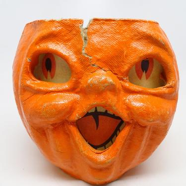 Small Retro 5 Inch Double Face 1950's Halloween Jack-O-Lantern, Vintage Pulp Paper Mache, Face on 2 sides, Antique JOL 