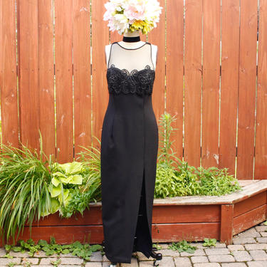 s.a.l.e. Vintage 1990s Sexy Black Mesh Maxi Dress -  Illusion Neckline Sparkly Beaded Party Dress - M 